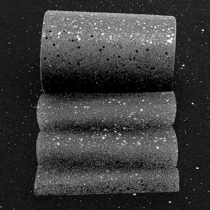 Glitter Tulle Rolls, 6” by 50 Yards (150FT) Sparkling Tulle Spool Ribbon Sequin Tulle Netting Fabric for Tutu Skirt Wedding Birthday Baby Shower (Black)