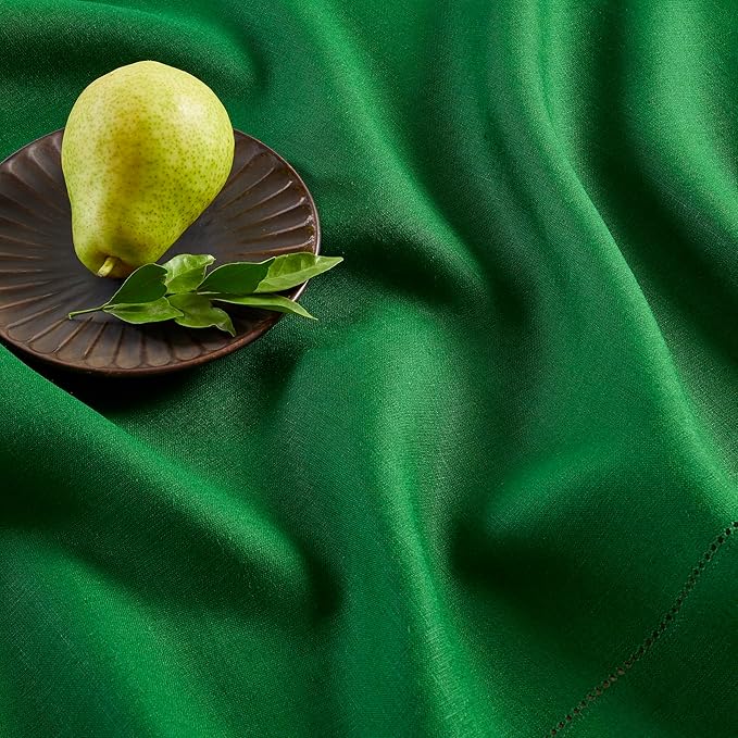 Solino Home Linen Table Runner 36 Inches - 100% Pure Linen Garden Green Hemstitch Table Runner 14 x 36 Inch Ideal for Dresser and Coffee Tables - Classic Hemstitch - Christmas