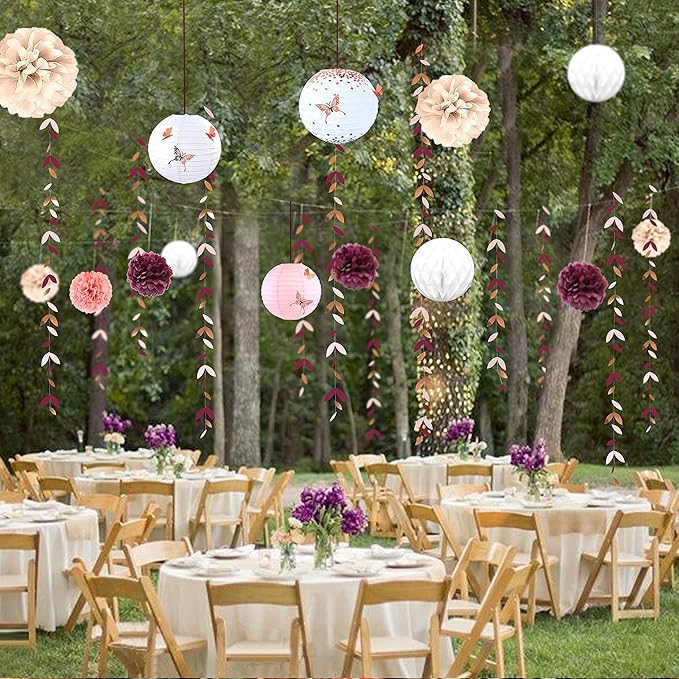 Banner Kit: 40 Pieces in Burgundy and Rose Gold with Paper Lanterns