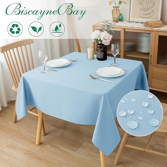 Biscaynebay Fabric Square Tablecloths 60x60 Inches, Light Blue Water Resistant Spill Proof Table Cloth Small Card Folding Table Covers Linen for Dining, Kitchen, Wedding and Parties, Machine Washable