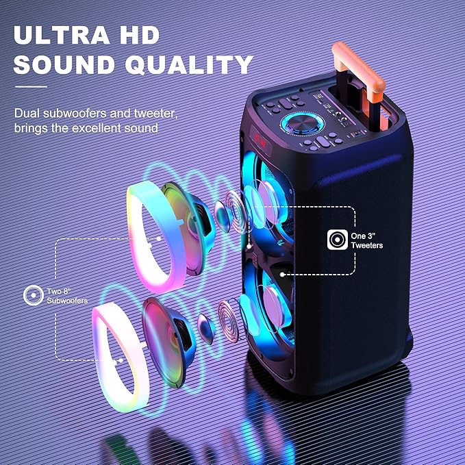 JYX Karaoke Machine with 2 Wireless Microphones, 8" Big Portable Bluetooth Speaker for Adults with RGB Light PA System Treble & Bass, Support TWS/USB/AUX/TF Card/REC, for Home Party Outdoors