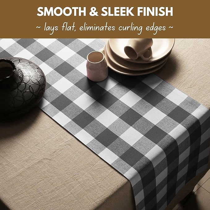 Native Fab Table Runner Buffalo Check Plaid 100% Cotton - 13x90 Inches Kitchen Dining Table Decoration for Indoor Outdoor Farmhouse Home Party Decor - Grey and White