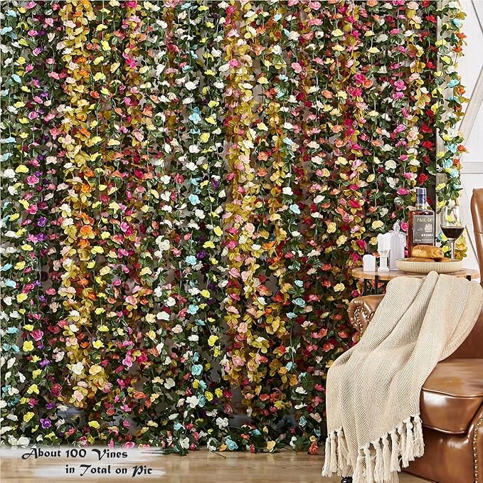 6 Pcs x 8.2 ft Flower Garland Artificial Rose Vine Flowers with Green Leaves Hanging Fake Roses Vine for Room Party Home Wedding Birthday Christmas Wall Arch Decor, Spring Purple Flower