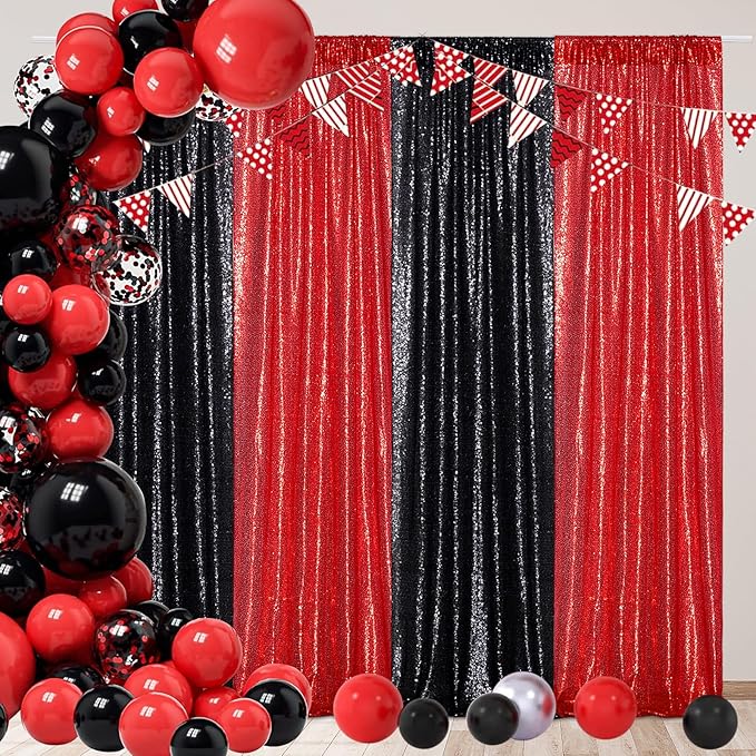 4Pcs 2Ft x 8Ft Red Sequin Backdrop Curtains, Glitter Photography Background, Sequence Xmas Thanksgiving Backdrop (Red, 4 pcs-2ftx8ft)