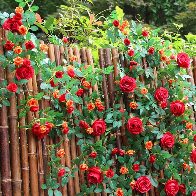 6FT Pink Flower Garland Artificial Rose Vines Hanging Floral Garland for Home Decor Wall Trellis Fence Wall Decoration (Red 2pcs)