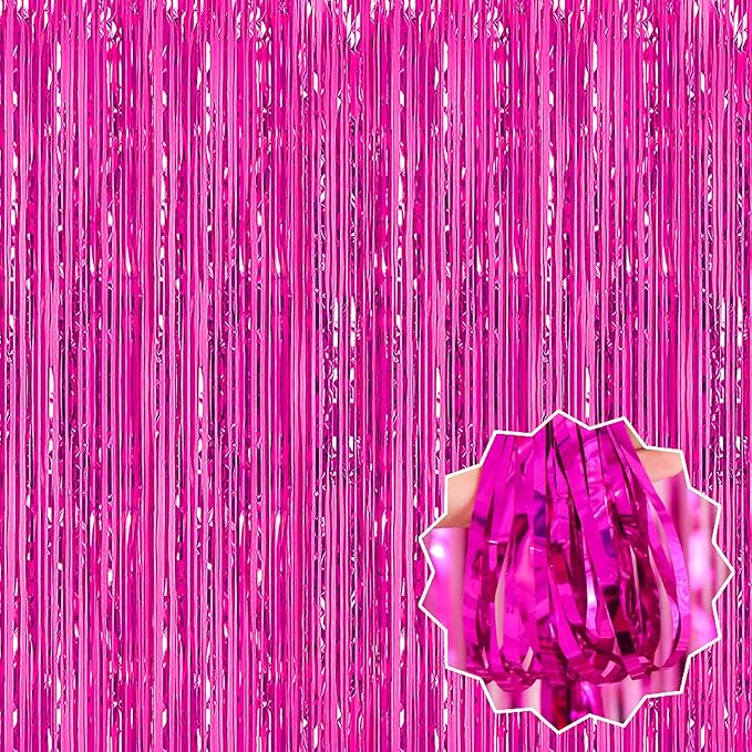 6 Pack Fuchsia Foil Fringe Curtains Backdrop, 3.28 x 8.2 Ft Metallic Streamers Tinsel Curtains Background for Photo Booth, Birthday, Weddings, Carnivals, Graduation, Themed Party Decorations
