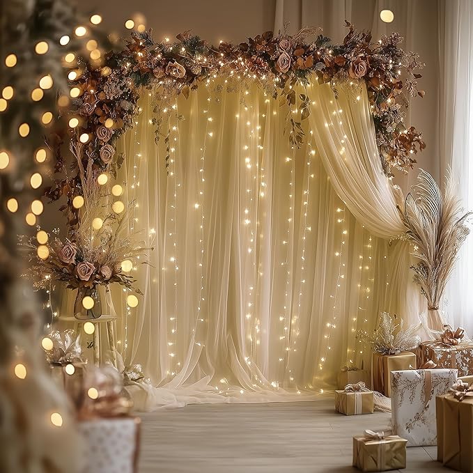 Tulle Backdrop Curtain with Lights String 10FT X 10FT Champagne Sheer Tulle Backdrop Curtains for Wedding Birthday Party Reception Photo Booth Background Decorations (2 Panels 5x10FT)