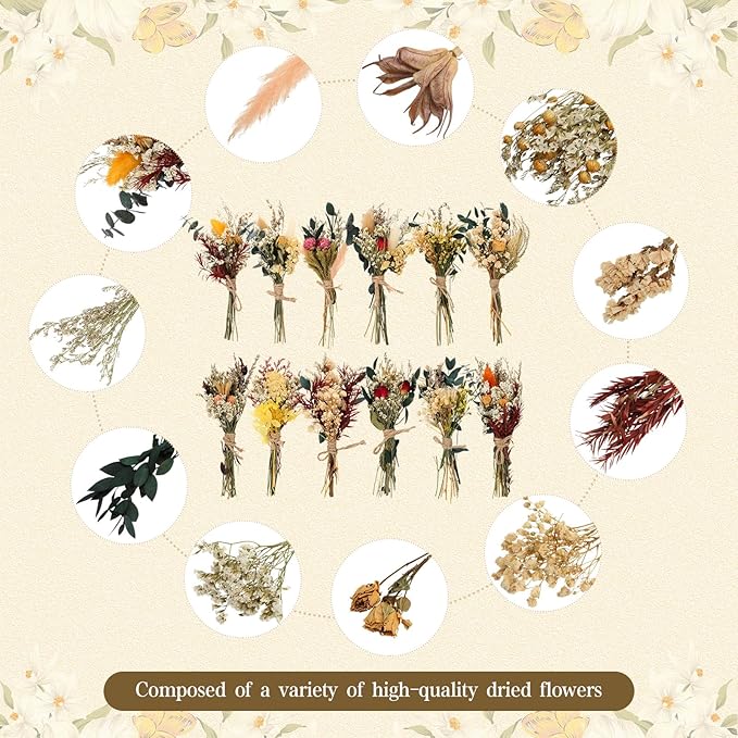 Layhit 12 Pack Boho Dried Flower Bouquet Mini Wedding Handmade Dry Flowers Decor for Vase Crafts DIY Photo Boutonniere for Men Floral Plant for Bridesmaid Gift Birthday Decor