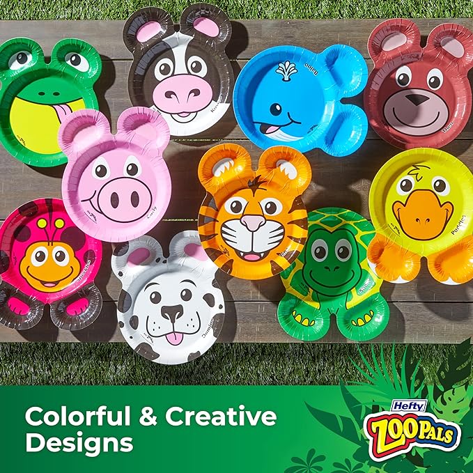Hefty Zoo Pals Party Edition Paper Plates for Kids, Assorted Animal Designs, 7.75 Inches with Two Dipping Compartments, Multi-Color, 20 Count