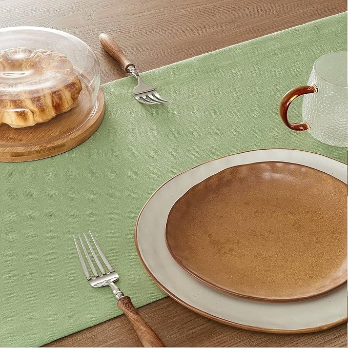 ZeeMart Linen Textured Border Table Runner, 14 x 108 Inch Green, Farmhouse Style Sage Green Table Runners 108 Inches Long, Easy Care Everyday Polyester Table Runner