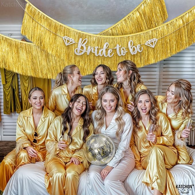 KatchOn, Pack of 2 Gold Fringe Garland - Gold Tinsel Banner for Birthday Party Decorations, Bridal Shower | Golden Foil Curtains for Golden Party Decor, Wedding, New Years Decorations