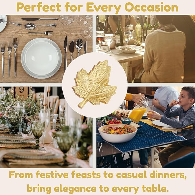 Set of 12 Maple Leaf Napkin Rings - Handcrafted Aluminum Napkin Holders for Cloth & Paper Napkins, Elegant Table Décor for Weddings, Thanksgiving, Christmas & Holiday Parties (Gold) - CLEENTABLE