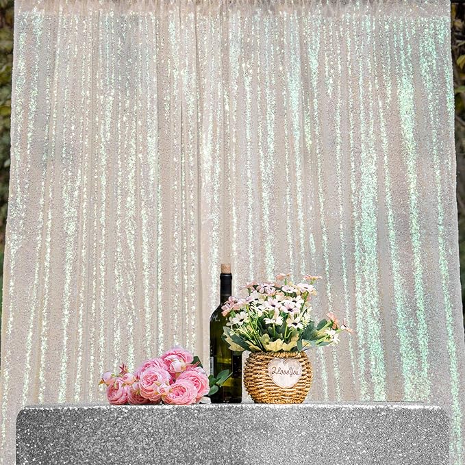 JYFLZQ White Iridescent Sequin Backdrop Curtains 2ft x 8ft 4 Panel Glitter Photo Booth Backdrops Sparkly Photography Background Drapes for Parties Wedding Bridal Showers
