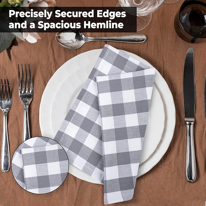 Cloth Dinner Napkins Set of 6, Grey Checkered Cotton, 20x20 Inch