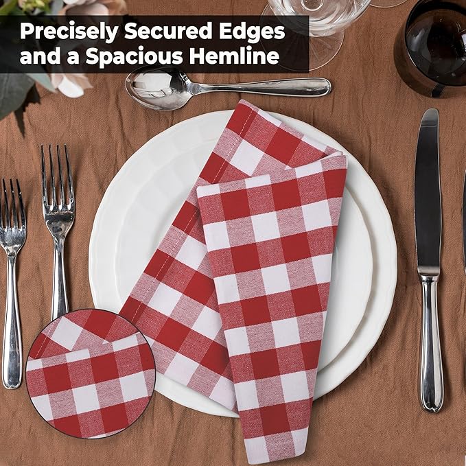 Cloth Dinner Napkins Set of 12, 100% Cotton, Red and White Checkered