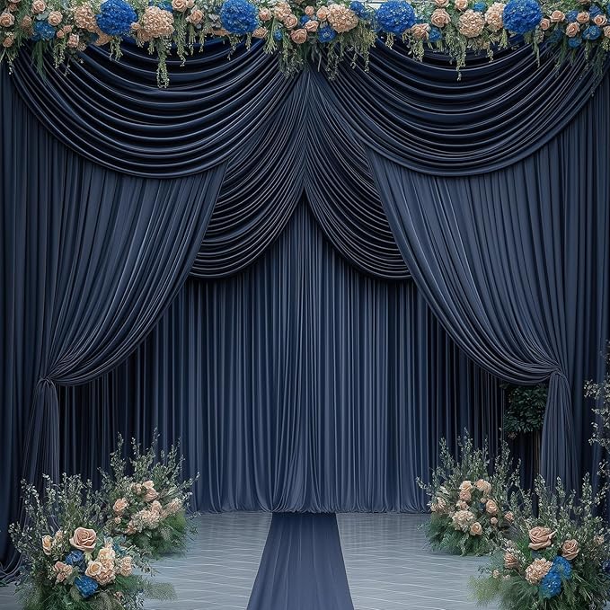 30ftx14FT Wrinkle Free Navy Blue Backdrop Curtain, 6 Panels 14FT Height Navy Blue Wedding Backdrop Drapes, Silky Polyester Back Drop Cloth for Birthday Photography Background Party Backdrop Draping