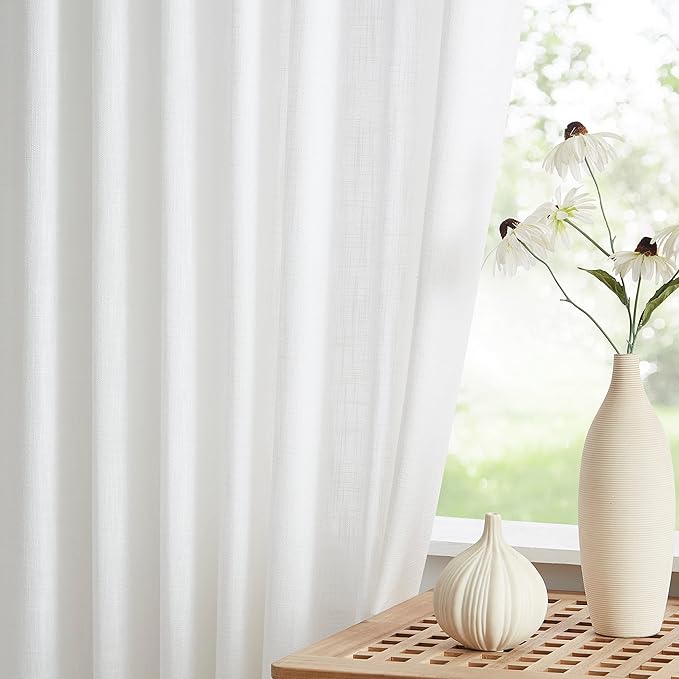 Vision Home White Pinch Pleated Semi Sheer Curtains Textured Light Filtering Window Curtains 95 inch for Living Room Bedroom Patio Rayon Blended Pinch Pleat Drapes with Hooks 1 Panel 80" Wx95 L