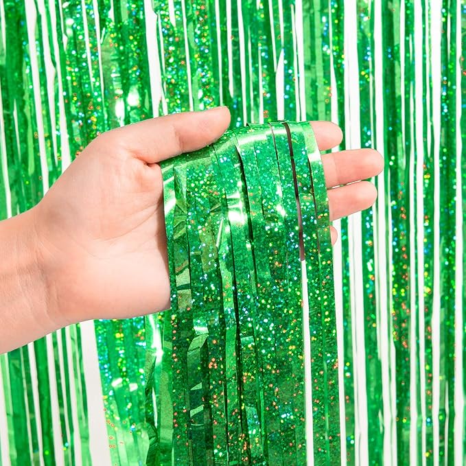 BRAVESHINE Tinsel Foil Fringe Curtains - 2 Pack 3.2 x 8.2 ft Metallic Photo Booth Streamer Backdrops for Birthdays Fiestas Melons Hawaiian Luau Tropical-Theme Christmas Party Decorations - Red Green