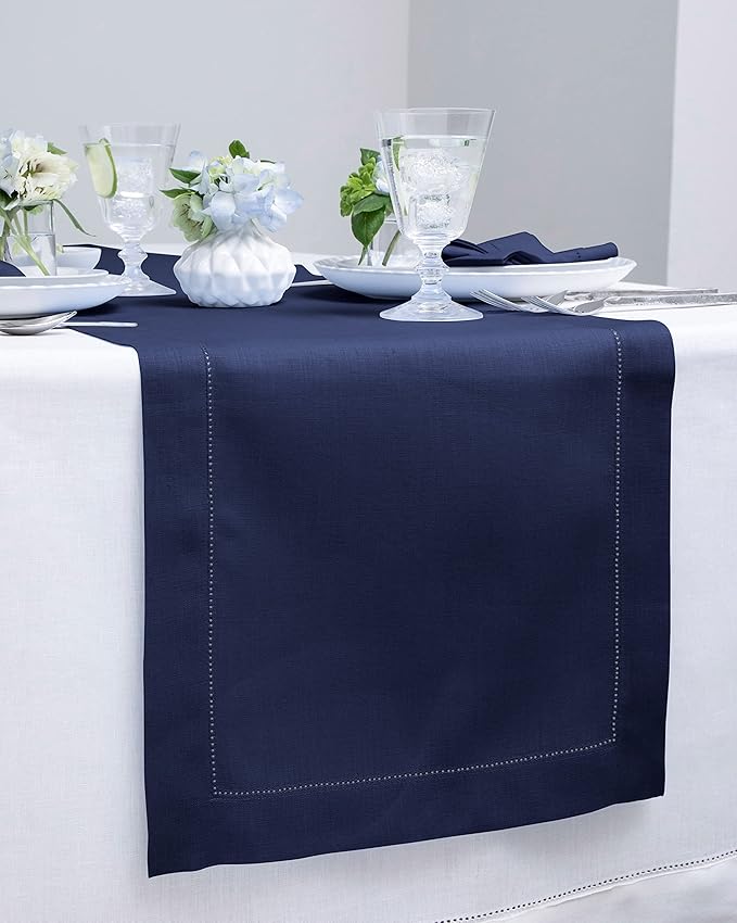 Solino Home Linen Navy Blue Table Runner 72 Inches Long - 100% Pure Linen Hemstitch Table Runner 14 x 72 Inch for Dresser, Dining, Fall, Autumn, Halloween, Thanksgiving, Christmas - Classic Hemstitch