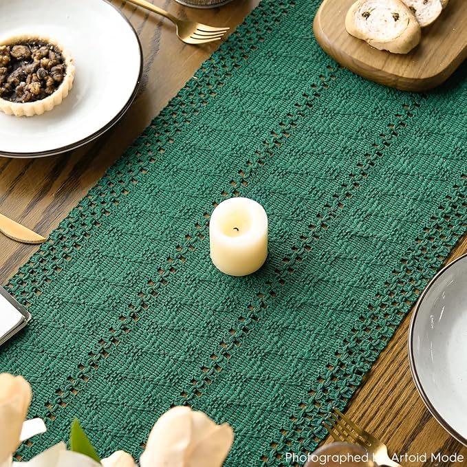 Artoid Mode Dark Green Farmhouse Woven Rustic Hollow Table Runner, Seasonal Holiday Hollow Kitchen Dining Table Decoration for Home Party Decor 12x48 Inch