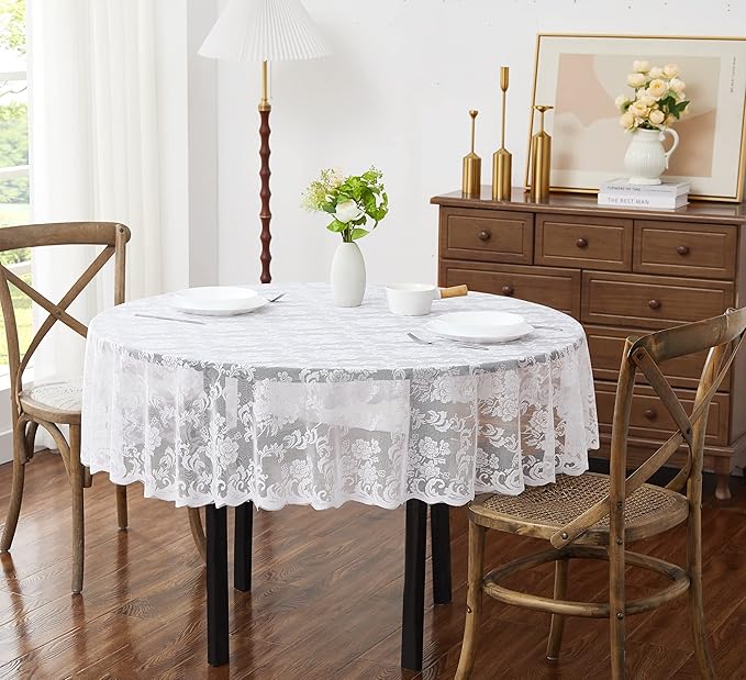 LinenZone White Round Tablecloth for Rustic Vintage Decor. Sheer Lace Works Great As Wedding, Thanksgiving or Christmas Tablecloth (Mia 70 Round, White)