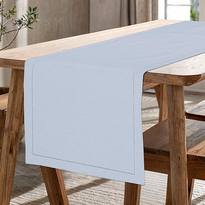 Ruvanti Linen Table Runner 36 Inches, Classic Hemstitch, Washable, Reusable, Non-Slipping, Stain Resistant- Perfect for Parties, Weddings, Dinners, Thanksgiving, Christmas, Indoor use – Arctic Ice