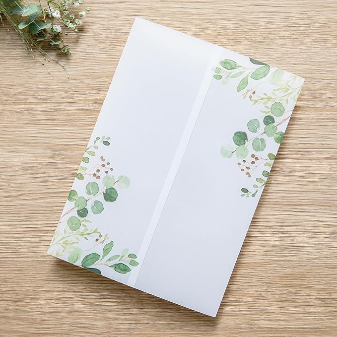 PONATIA 50 PCS Vellum Jackets for 5x7 Invitation Cards- 135GSM Green Eucalyptus Vellum Sleeves, Wedding Invitations Wraps Transparent Christmas Gift Cards Jackets