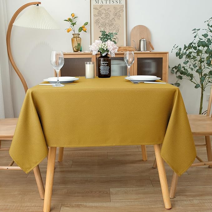 Biscaynebay Textured Fabric Christmas Square Table Cloth 70x70 Inches, Gold Water Resistant Tablecloths for Dining, Kitchen, Wedding and Parties etc. Machine Washable