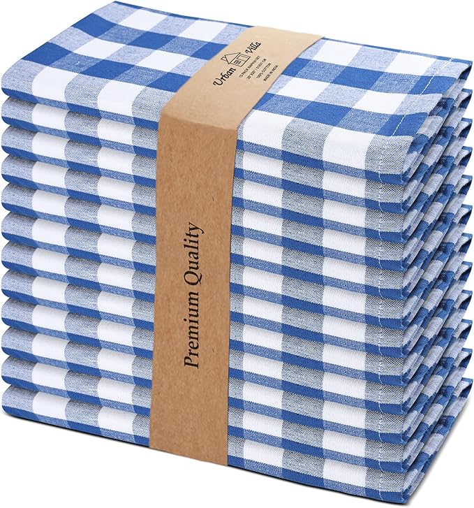 Cloth Dinner Napkins, 100% Cotton Checkered Blue and White, 20x20 Inch