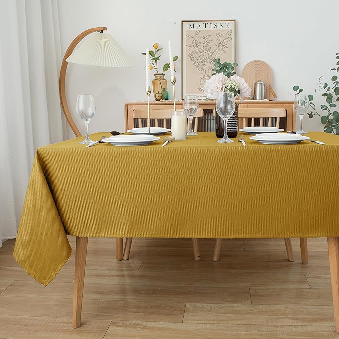 Biscaynebay Textured Fabric Christmas Rectangle Table Cloth 52x70 Inches, Gold Water Resistant Tablecloths for Dining, Kitchen, Wedding, Parties etc. Machine Washable