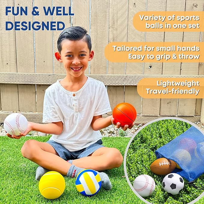 Set Of 6 Mini Sports Foam Balls for Kids, Toddler Ball Toys, Foam Football, Toddler Football, Indoor Baby Soccer, Kids Mini Basketball, Soft Baseball, Volleyball, Small Playground Balls, Baby Ball Toy