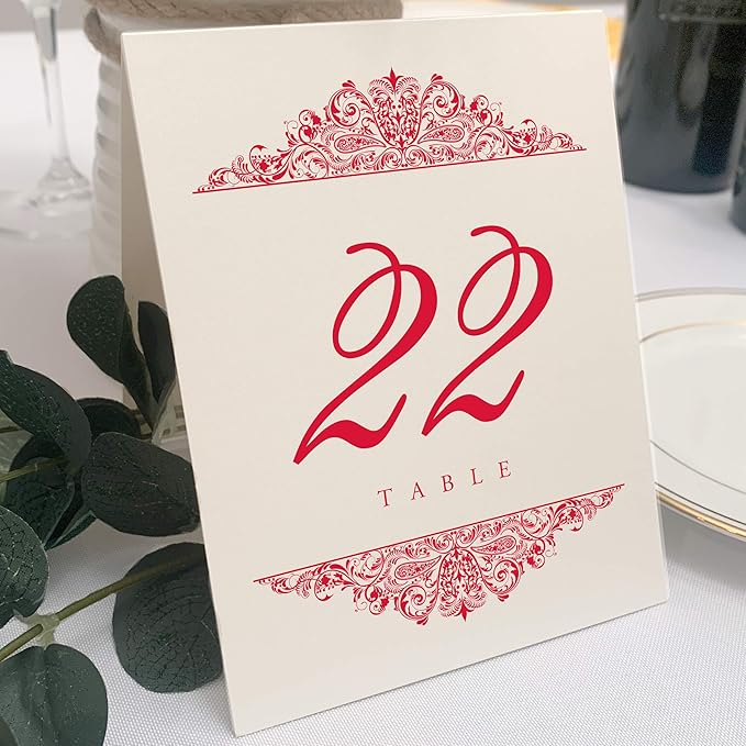 Table Number Cards with Red Paisley Design, Numbered 1-150