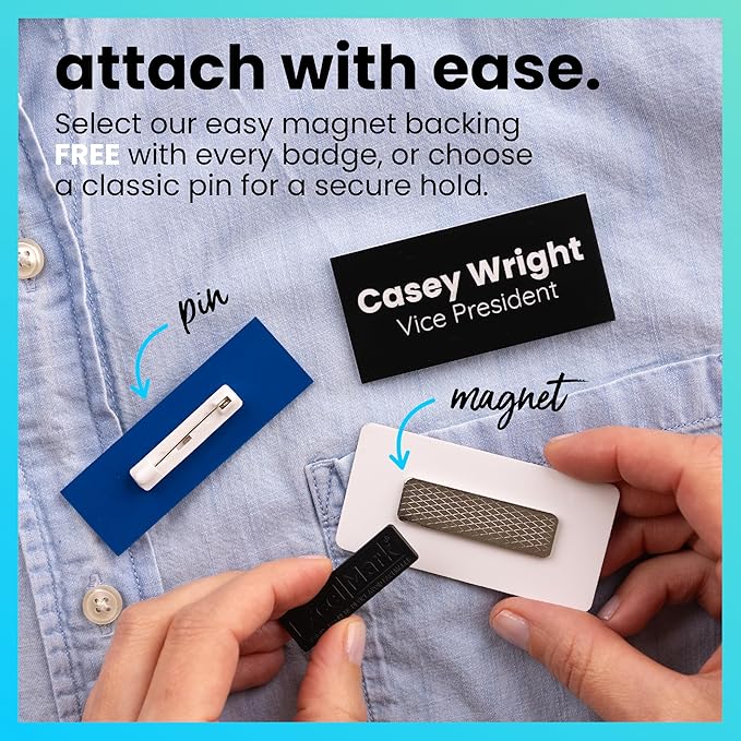ExcelMark Custom Name Tag - Engraved Name Badge with Pin or Magnetic Backing, 16 Colors, 6 Fonts, and 2 Sizes to Choose from (White w/Black Letters, 1.5"x 3")