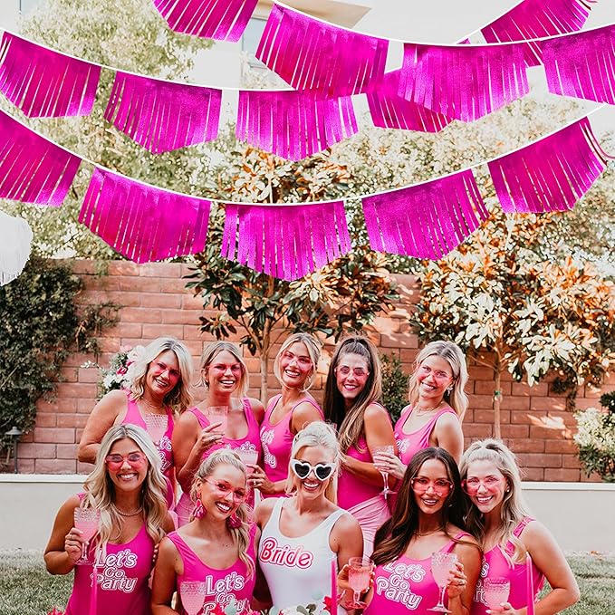 Hot pink Tassel Banner Double Sided Metallic Fabric Pennant Bunting Flag Garland for Birthday Bachelorette Anniversary Engagement Wedding Bridal Shower Graduation Pink Girl Party Decorations Supplies