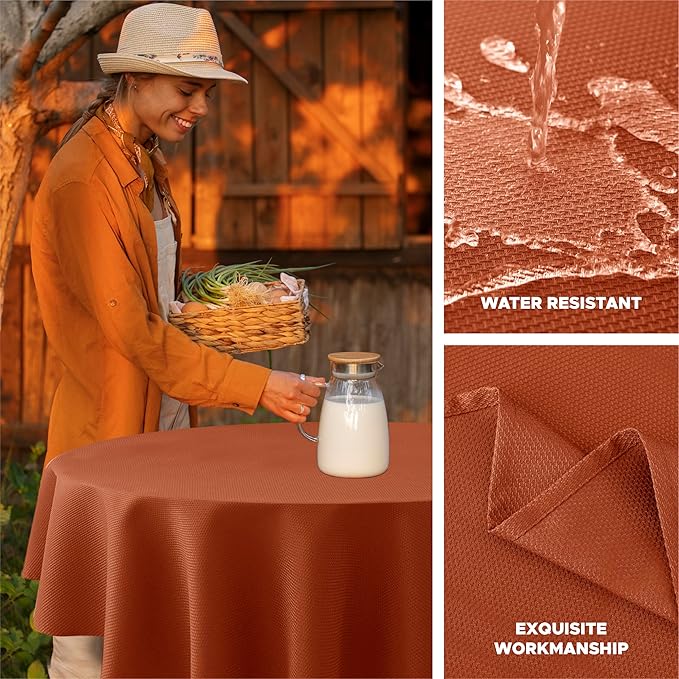 Biscaynebay Fall Tablecloth Textured Fabric Round Tablecloths 90", Rust Thanksgiving Autumn Harvest Water Resistant Fabric Tablecloths for Kitchen, Dining, Wedding, Parties Machine Washable