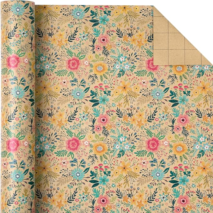 WRAPAHOLIC 30 Inch Jumbo Kraft Floral Wrapping Paper Roll - 30 Inch x 33 Feet - Spring Summer Garden Flower Design Perfect for Wedding, Bridal Shower, Birthday