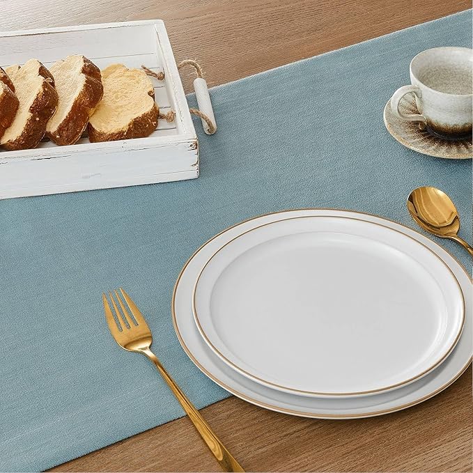ZeeMart Linen Textured Border Table Runner, 14 x 48 Inch Blue, Farmhouse Style Dusty Blue Table Runners 48 Inches Long, Easy Care Everyday Polyester Table Runner