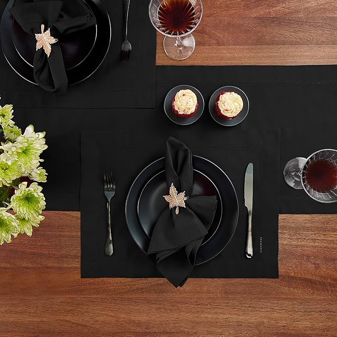 Cotton Linen Dinner Napkins Set of 4 – Hemstitch Black Cloth Dinner Napkins 20x20 Inch –Washable Fabric for Dining, Fall, Halloween, Thanksgiving, Summer, Wedding, Everyday Décor–Serena
