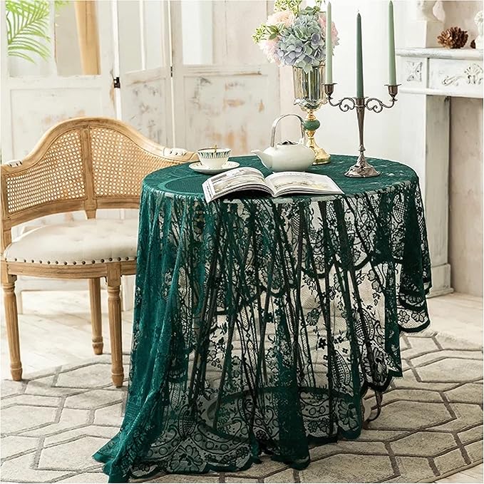 Gorgeous Round Lace Tablecloth,Vintage Floral Embroidered Table Cloths, Chic Round Table Cover for Wedding Banquet HolidayDinner Tables 60INCH (Vintage Green)