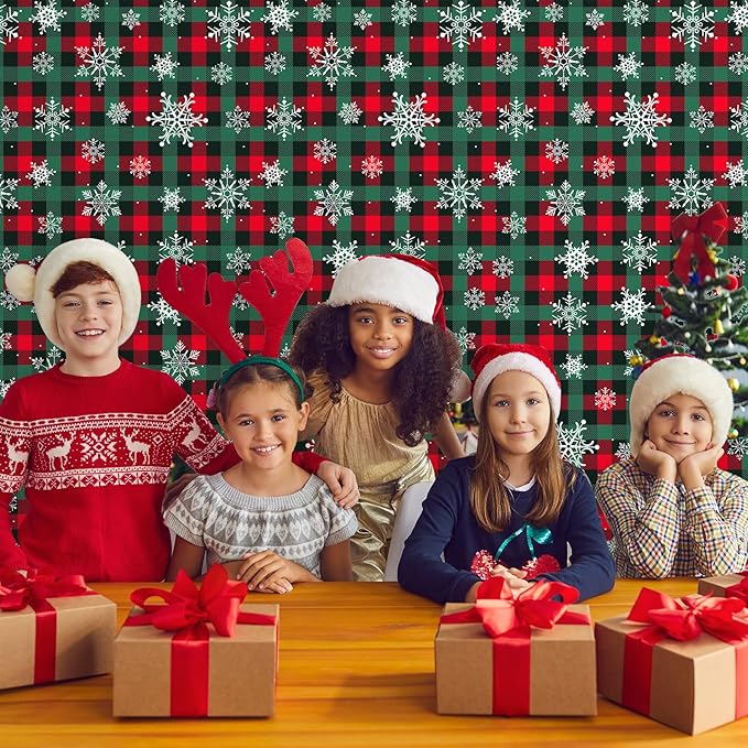 4.5x 100 Ft Roll of Christmas Buffalo Plaid Plastic Tablecloth Decorations,Disposable Red Green Snowflake Table Cover Photography Backdrop with Cutter Box for Christmas Holiday New Year Party Supplies