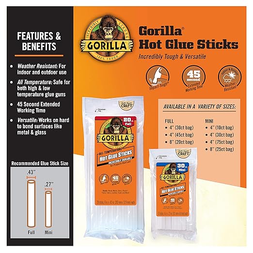Gorilla Hot Glue Sticks, Clear Glue, Full Size 8" Long x 0.43" Diameter, 20 Count (Pack of 1) - Safe for All Temperatures with Extended Working Time
