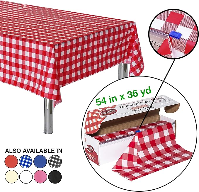 Disposable Tablecover Roll, Red Gingham Plastic, 54 in x 108 ft