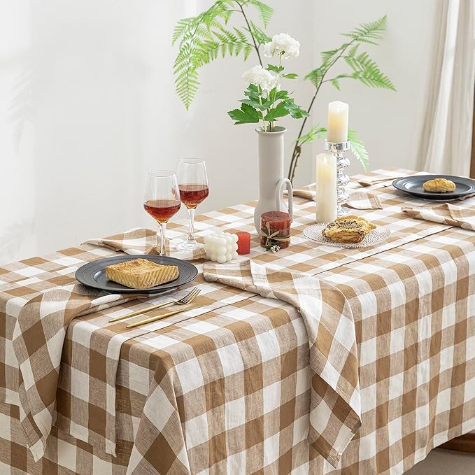 EVERLY 100% Yarn-Dyed Linen Rectangle Tablecloths 60x120Inches for Dining,Buffet Parties,Picnic,Events and Restaurants,Decorative Halloween,Thanksgiving Machine Washable Tablecloths-Brown Plaid