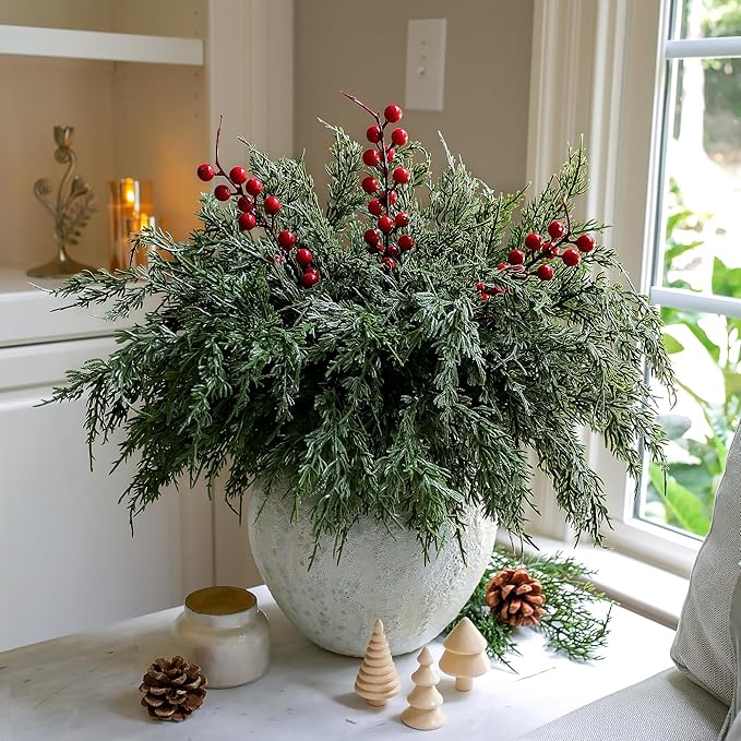 Artificial Norfolk Pine Branches Set, 12 Cedar Stems and 3 Red Berry Stems