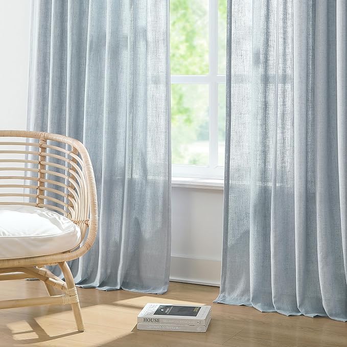 Vision Home Blue Grey Pinch Pleated Semi Sheer Curtains Textured Linen Blended Light Filtering Window Curtains 108 inch for Living Room Bedroom Patio Pinch Pleat Drapes with Hooks 9FT 60" Wx108 Lx1