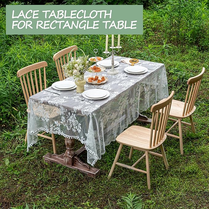 Jayla White Lace Tablecloth for Rectangular Tables, Vintage Style Wedding Table Cloths for Reception, Baby Shower, Birthday Party, Formal Dining, Dinner Parties 60 X 84 Inches