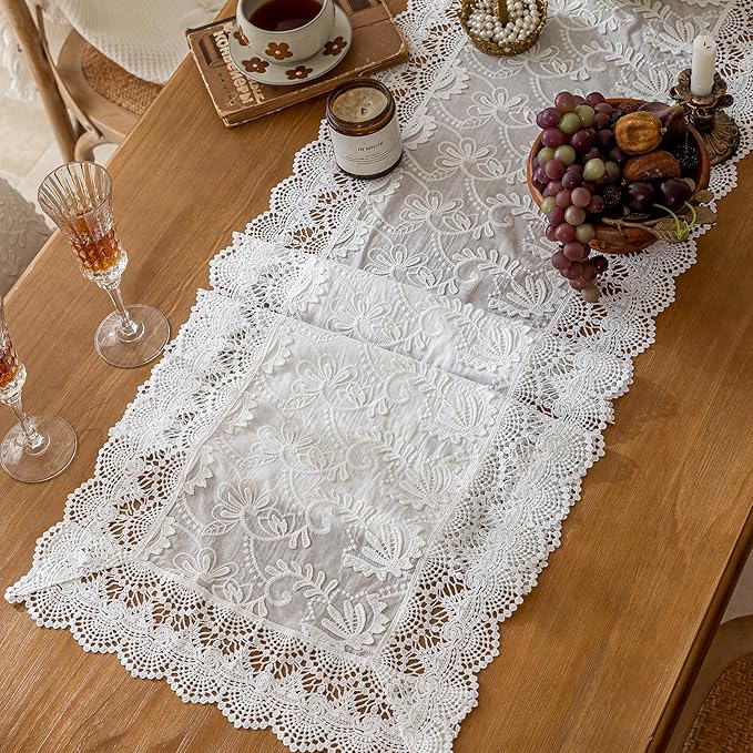 White Elegant Vintage Lace Table Runner,Wedding Lace Decor with Floral Embroidery,Tea Party Decor (White, 13.8X79 Inches)