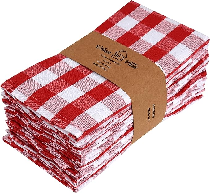 Cloth Dinner Napkins Set of 12, 100% Cotton, Red and White Checkered