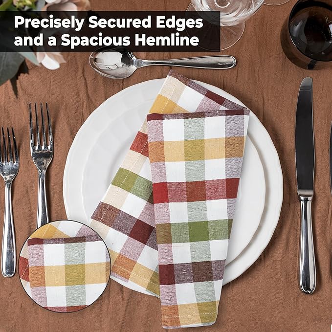 Harvest Check Cloth Napkins, 20x20 Square Cotton Dinner Napkins