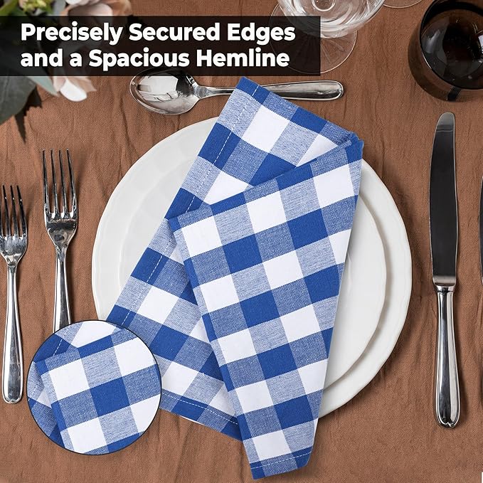 Cloth Dinner Napkins, 100% Cotton Checkered Blue and White, 20x20 Inch